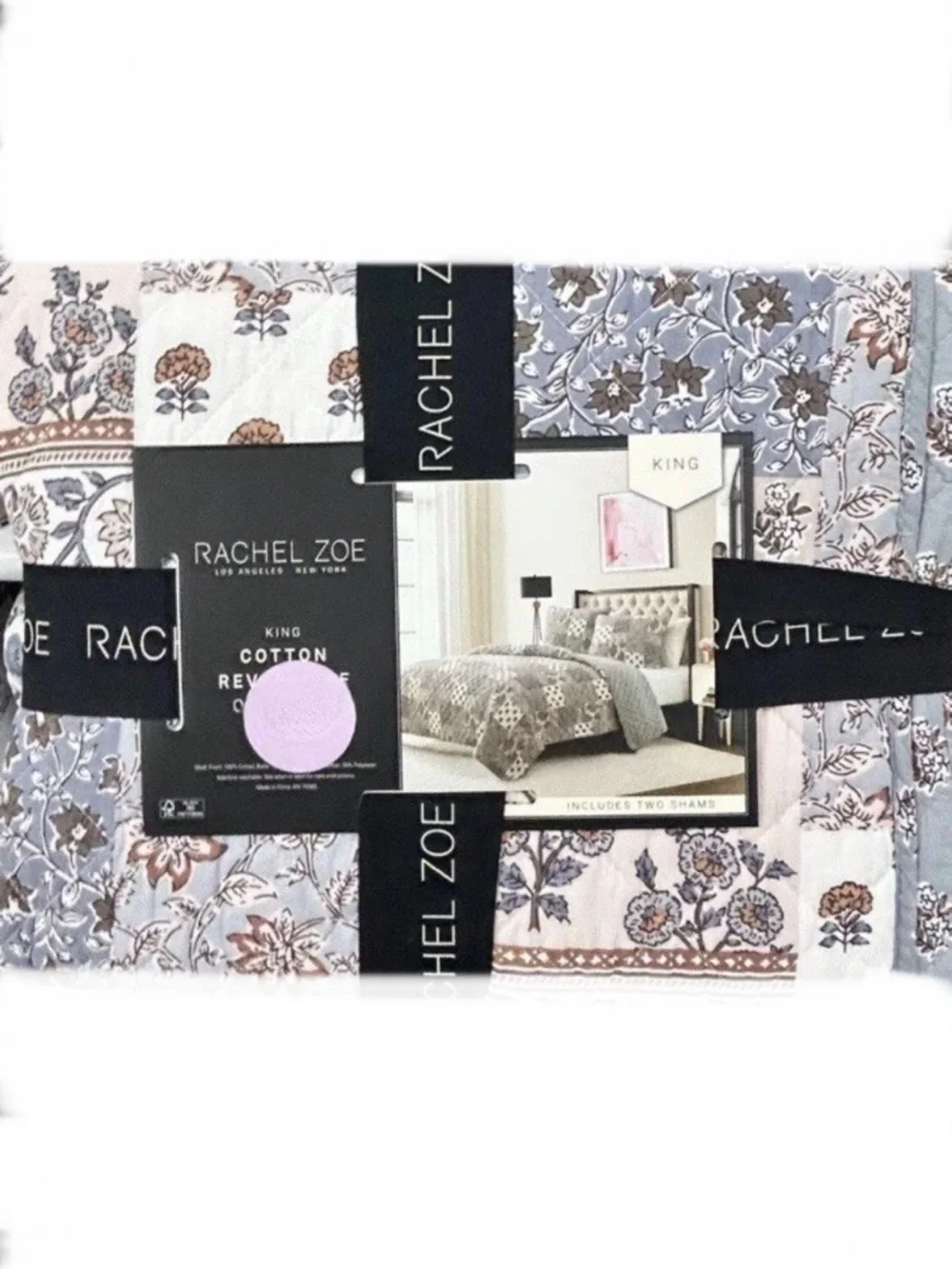 Rachel Zoe Floral Multicolor King Cotton Reversible Quilt Set 106”x92”